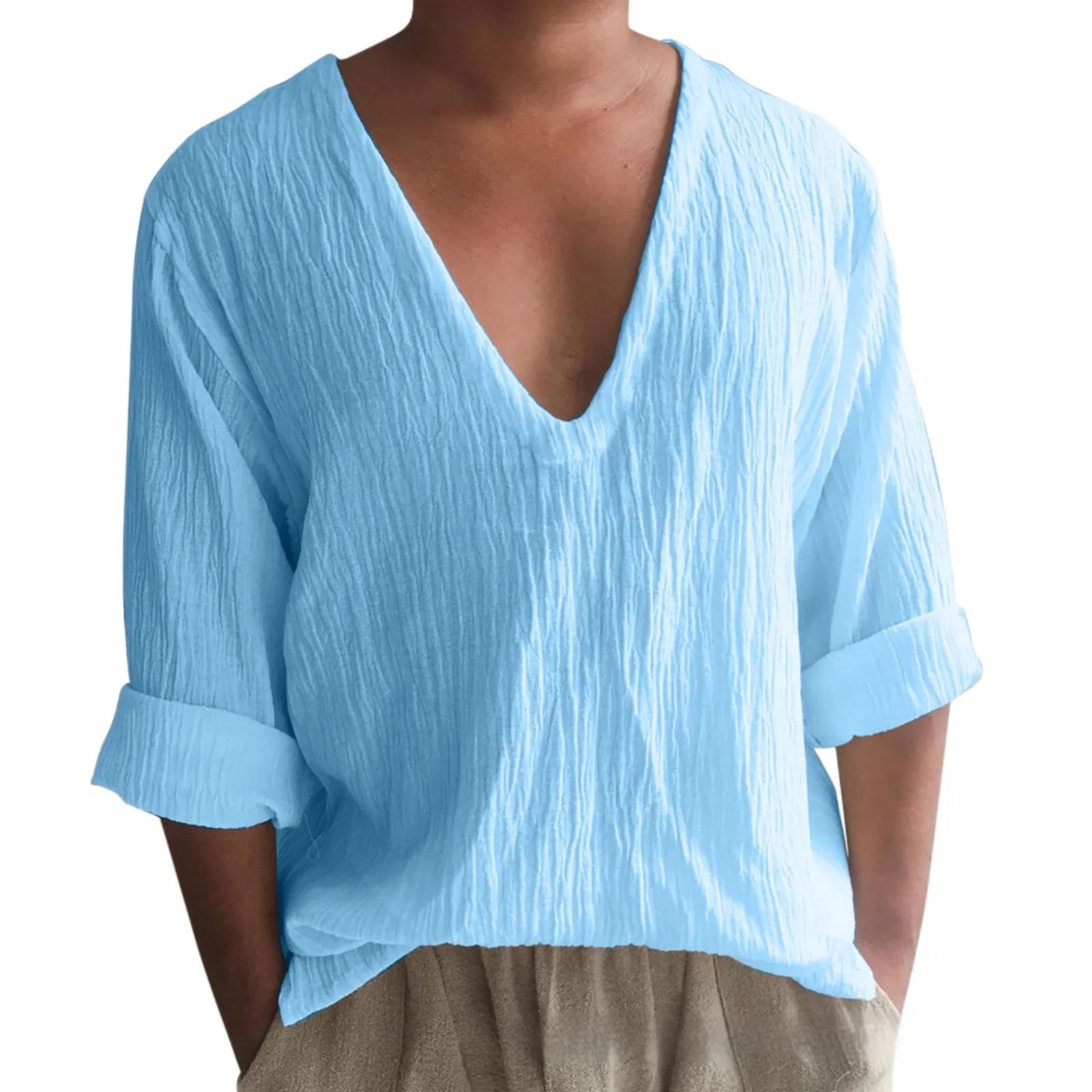 Men's long sleeve V-neck T-shirt in washed cotton fabric showing solid colour options