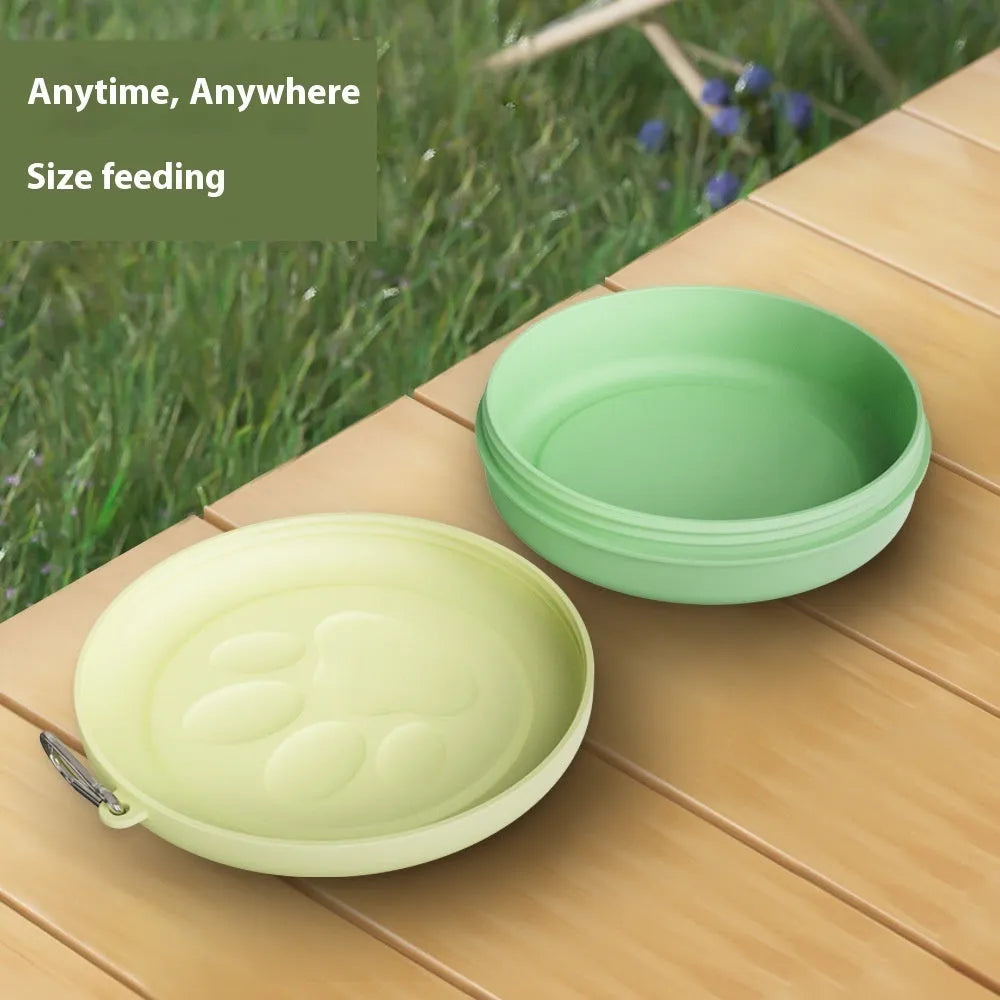 Portable dog bowl in green or pink showing S and L size options for outdoor feeding