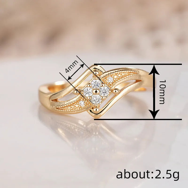 Copper diamond ring with geometric ornament and micro inlaid zircon in yellow gold colour