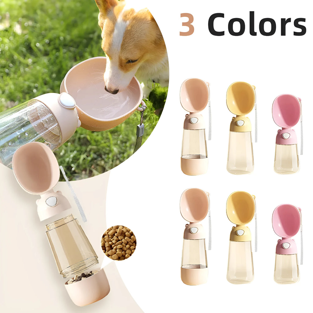 Portable dog water bottle and food container in brown, pink and yellow colours with included dog cup