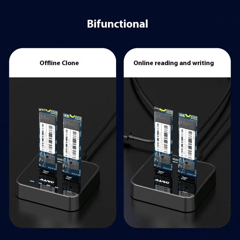 MAIWO K3016 M.2 SSD hard disk docking station with data cables and power adapter on a table.