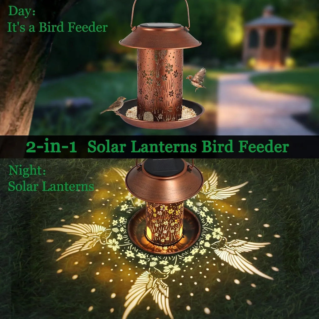 Iron art solar lamp bird feeder with hummingbird pattern for garden decoration.