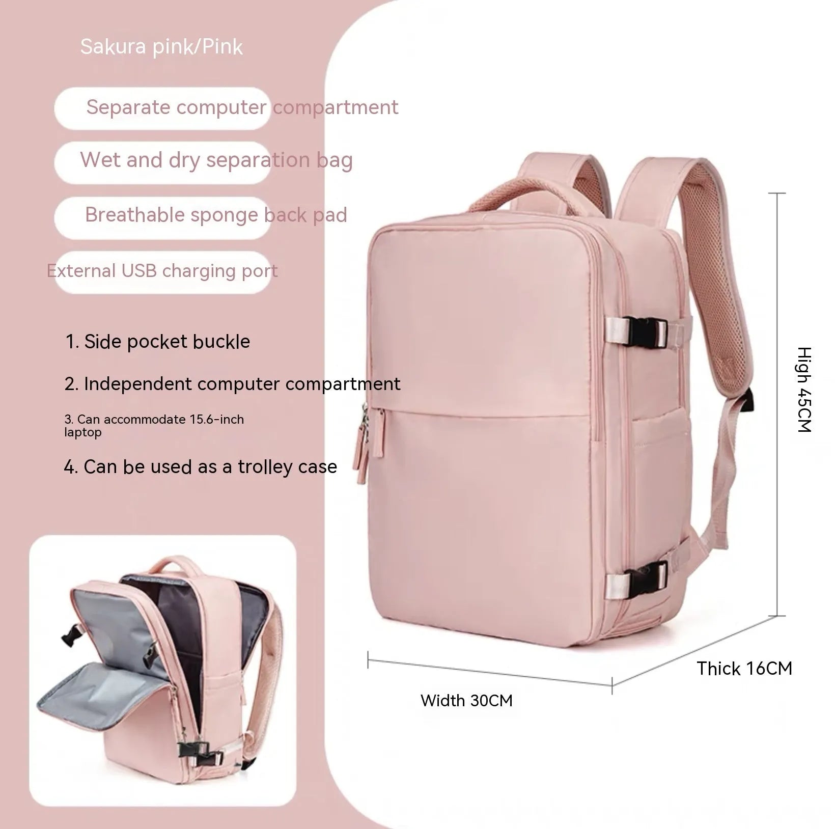 Large capacity waterproof mummy backpack in nylon available in multiple colours including black, mint green, pink, and light blue