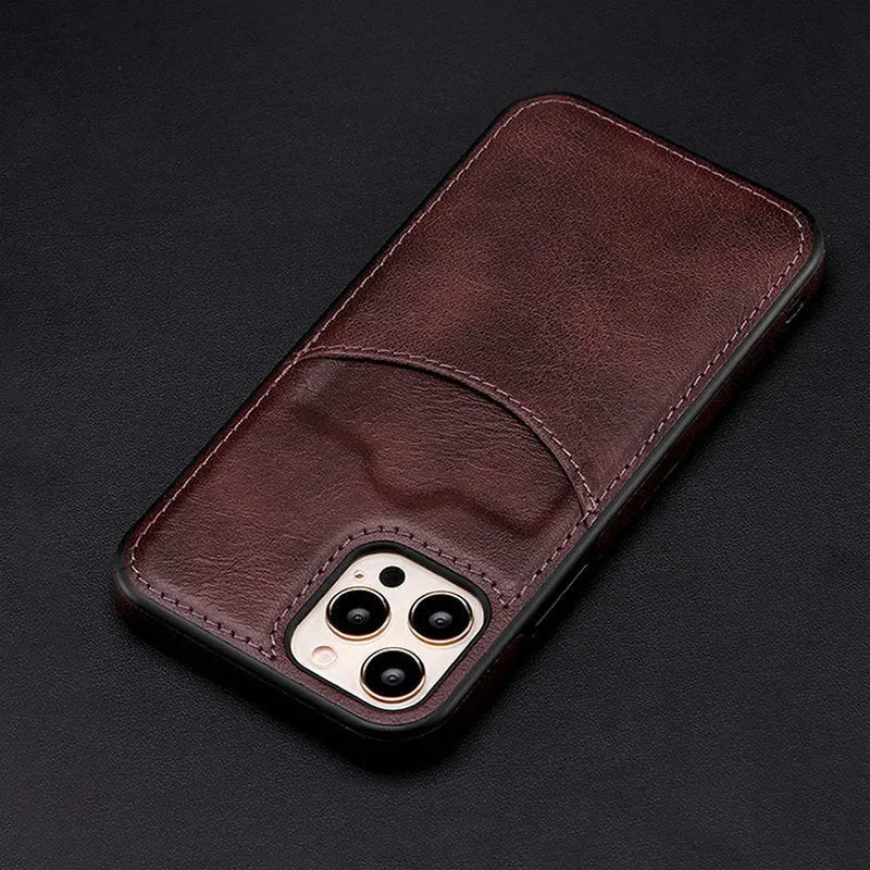 Dark blue PU leather protective case for iPhone models from 7 to 14 Pro Max.