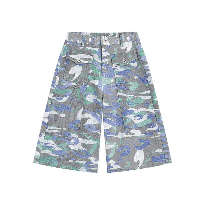 Men's camouflage colour denim cropped cargo trousers on a plain background