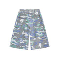 Men's camouflage colour denim cropped cargo trousers on a plain background