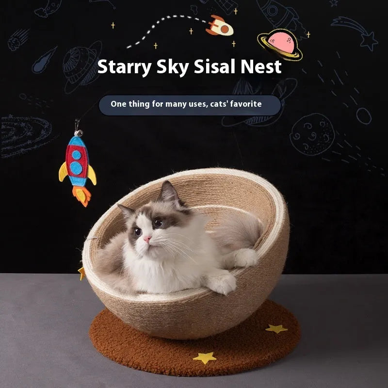 Large integrated cat scratching basin with sisal rope scratching surface and flannel-lined sleeping nest in starlight pattern