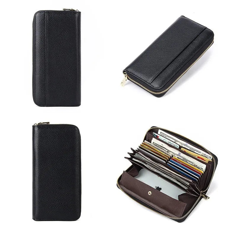 Genuine leather long wallet for women showing six colour options with anti-theft card protection