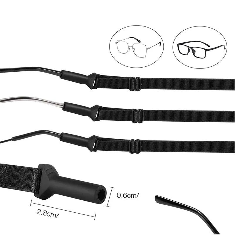 Black adjustable glasses cord strap with silicone earpieces for securing eyewear