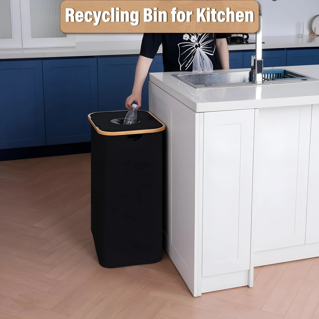 Black bamboo-framed Oxford cloth storage basket with removable lid, bottle holder, and inner pockets.