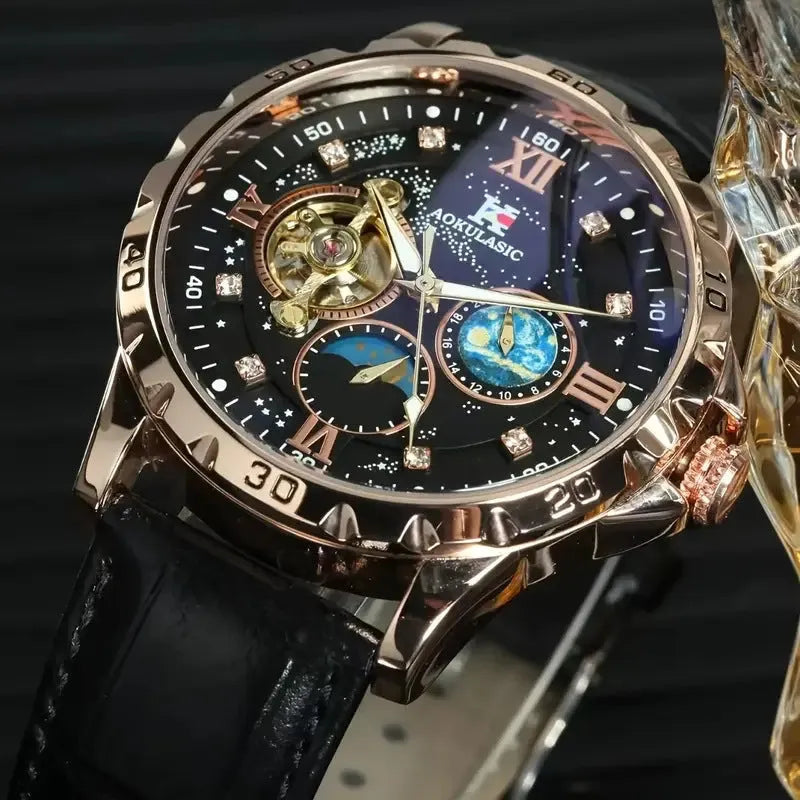 Automatic mechanical watch with hollow dial, black leather strap, and rose gold shell casing