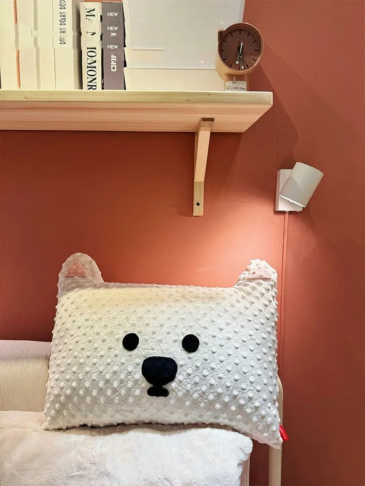 Grey schnauzer cartoon design pet pillow cushion on a sofa.