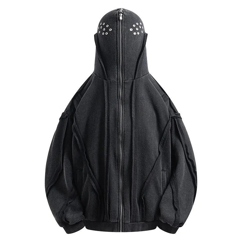 Black retro loose fit cotton coat with a zip front, hood, and abstract pattern detail.