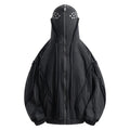 Black retro loose fit cotton coat with a zip front, hood, and abstract pattern detail.