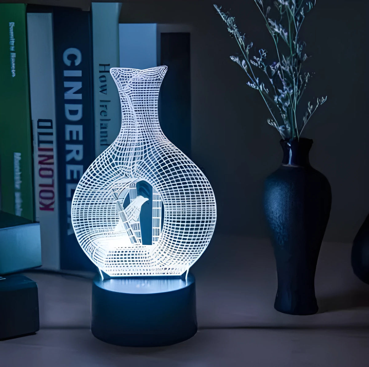 Creative 3D acrylic LED night light with colourful illumination on an ABS base.