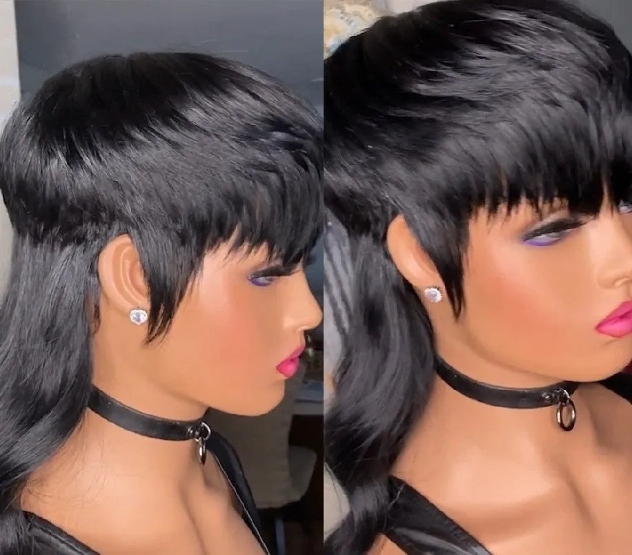 Black synthetic Brazilian-style wig with front bangs and long, layered back hair.