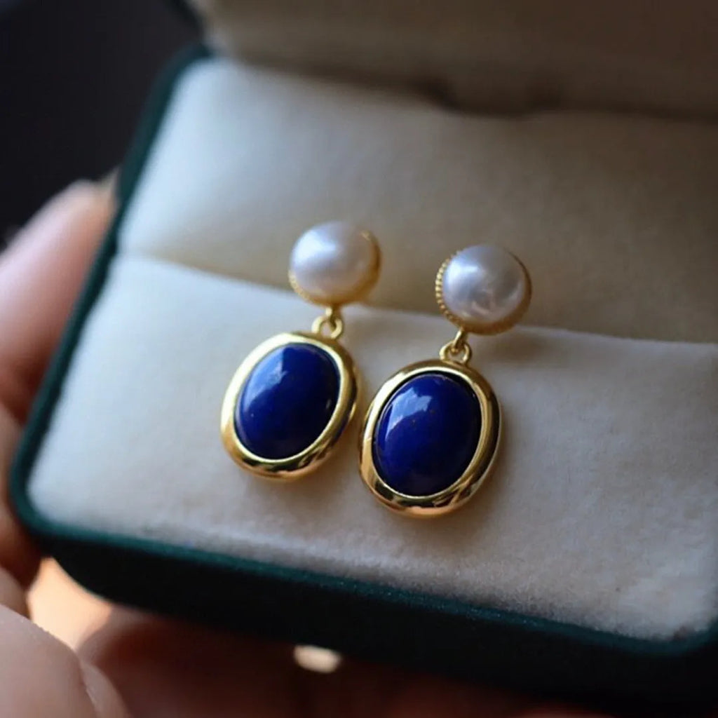 Natural lapis lazuli pearl earrings made from 925 silver with auspicious patterns