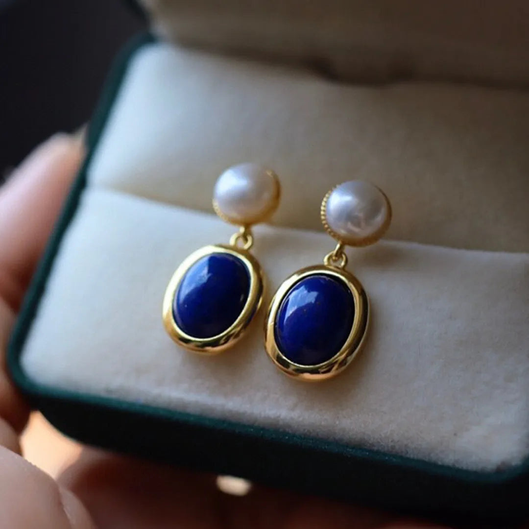 Natural lapis lazuli pearl earrings made from 925 silver with auspicious patterns