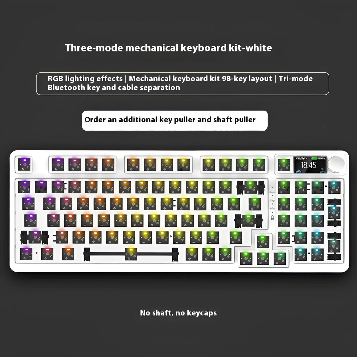 98-key wireless mechanical keyboard kit with metal control knob and optional display screen