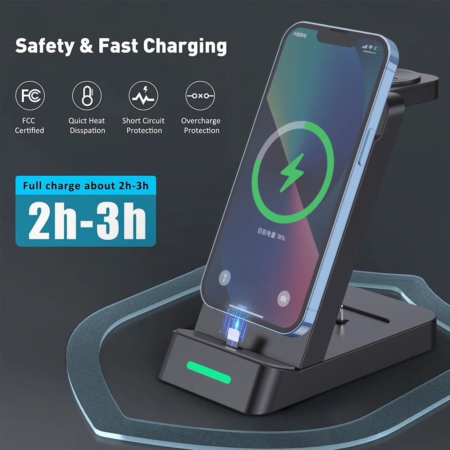 Black and white Da 65W 3-in-1 wireless charging stand showing phone, watch, and earbuds charging simultaneously.