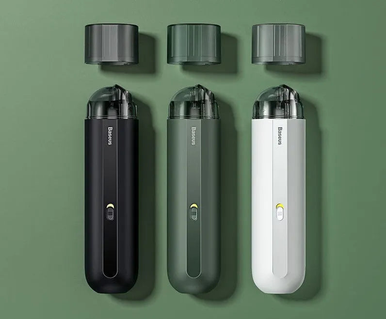 Baseus handheld cordless car vacuum cleaner in black, white, or green with blowing hose attachment.