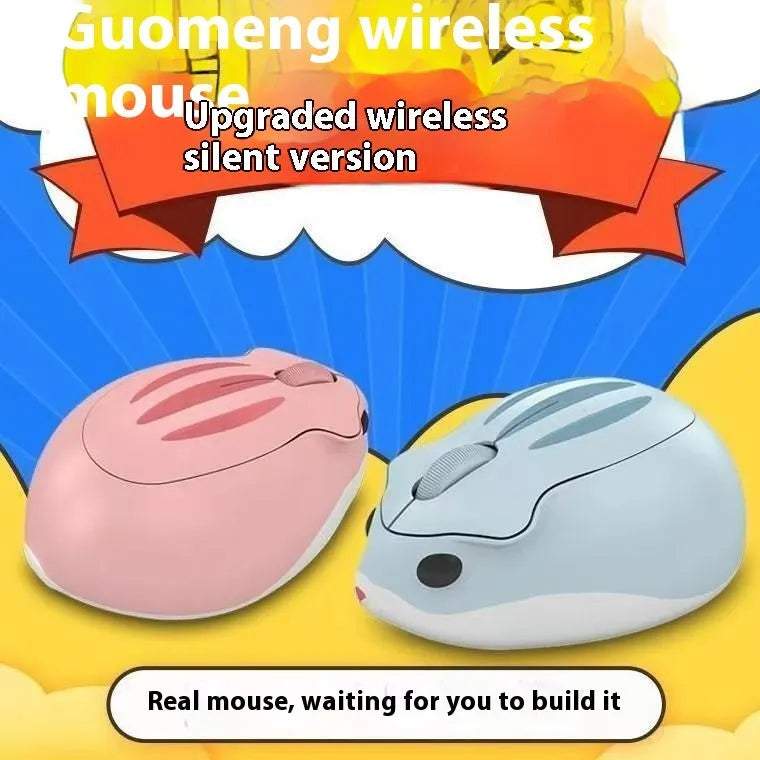 Hamster 109E Bluetooth wireless mute mouse in yellow, pink, and grey colours, showing compact size.