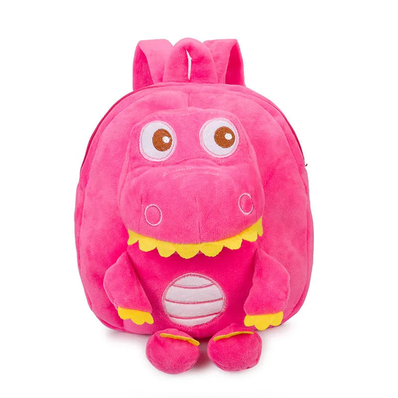 Blue dinosaur plush backpack for children with embroidery, soft handle, and polyester lining.