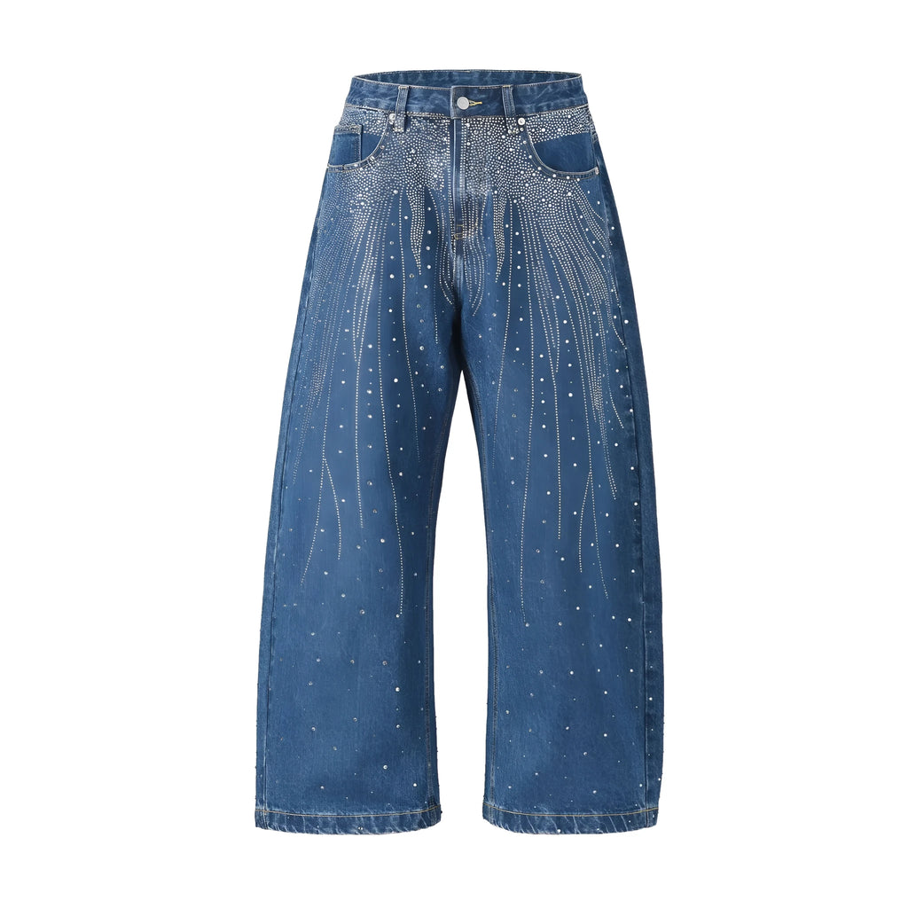 Blue and black women's loose-fitting cotton wide-leg trousers on a hanger.