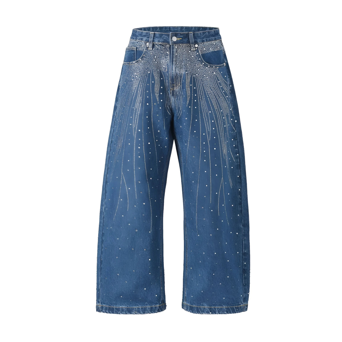 Blue and black women's loose-fitting cotton wide-leg trousers on a hanger.