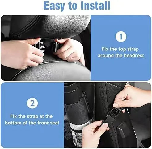 Black Oxford cloth car seat back buggy bag hanging behind vehicle headrest with 42x30cm storage capacity
