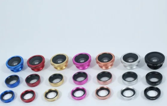 Smartphone fisheye and macro lens kit with universal mounting clip in multiple colours