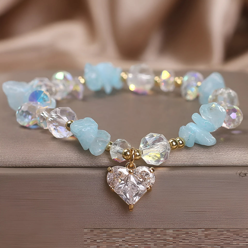 Sky blue aquamarine gravel crystal bracelet for women with heart detail and electroplated finish