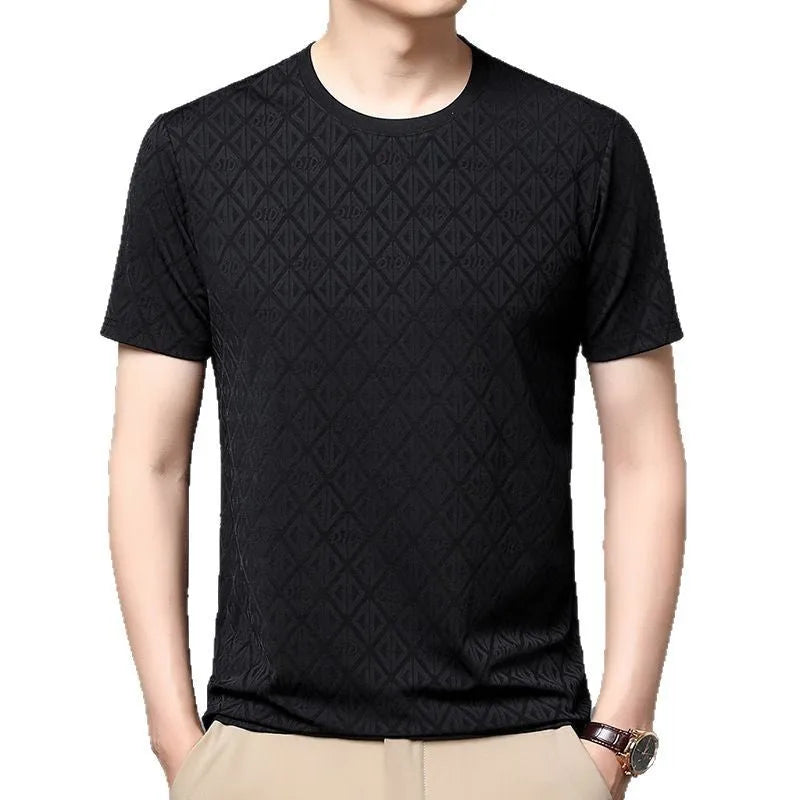 Men's loose fit Jacquard polyamide t-shirt in black colour with short sleeves and antibacterial treatment