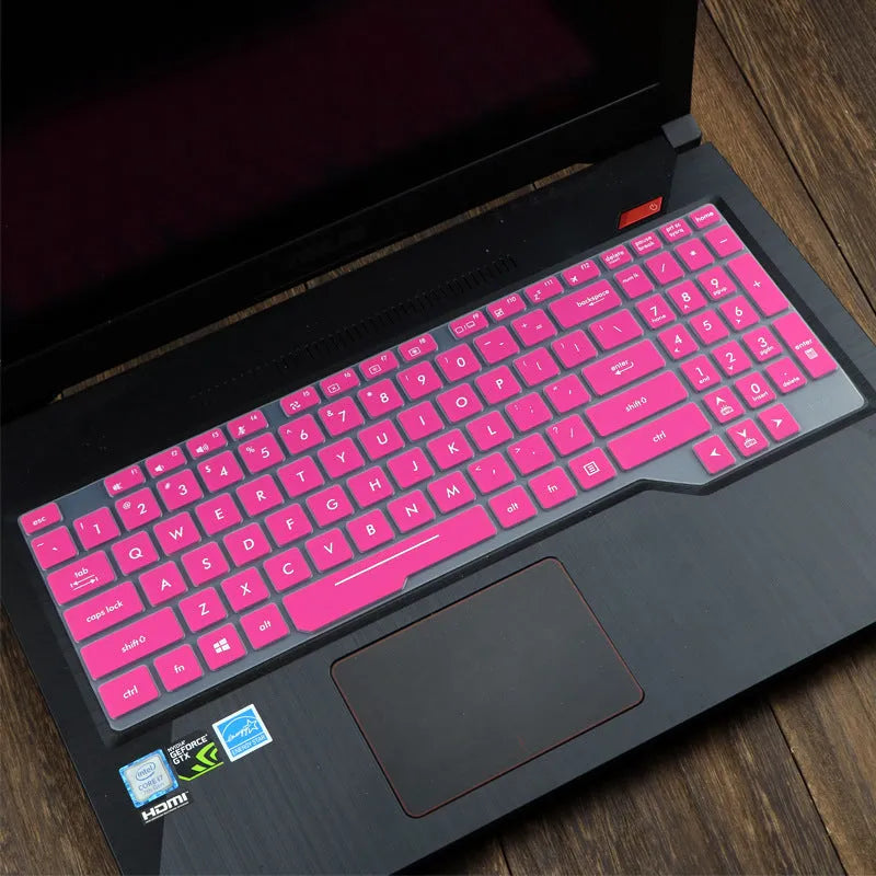 Transparent keyboard protective film for ASUS Flight series laptops showing colour variations including solid, translucent, and gradient options