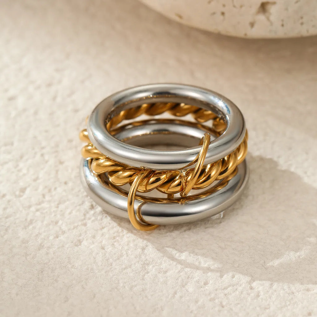 Stacked colour matching stainless steel ring set with 18K gold plating in three colour options