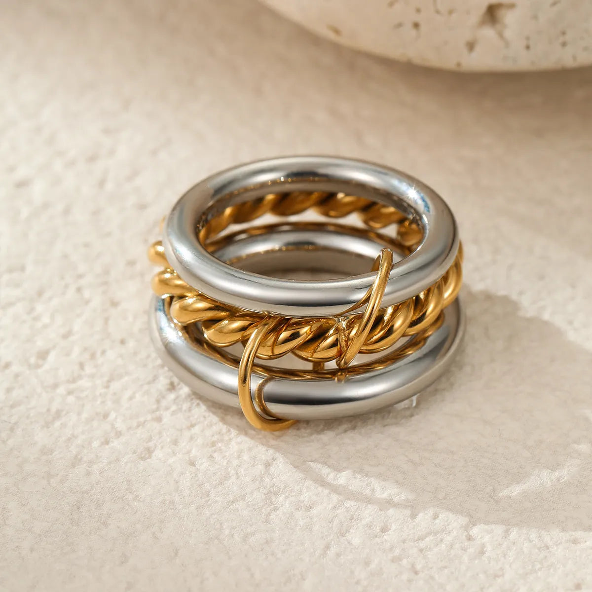 Stacked colour matching stainless steel ring set with 18K gold plating in three colour options