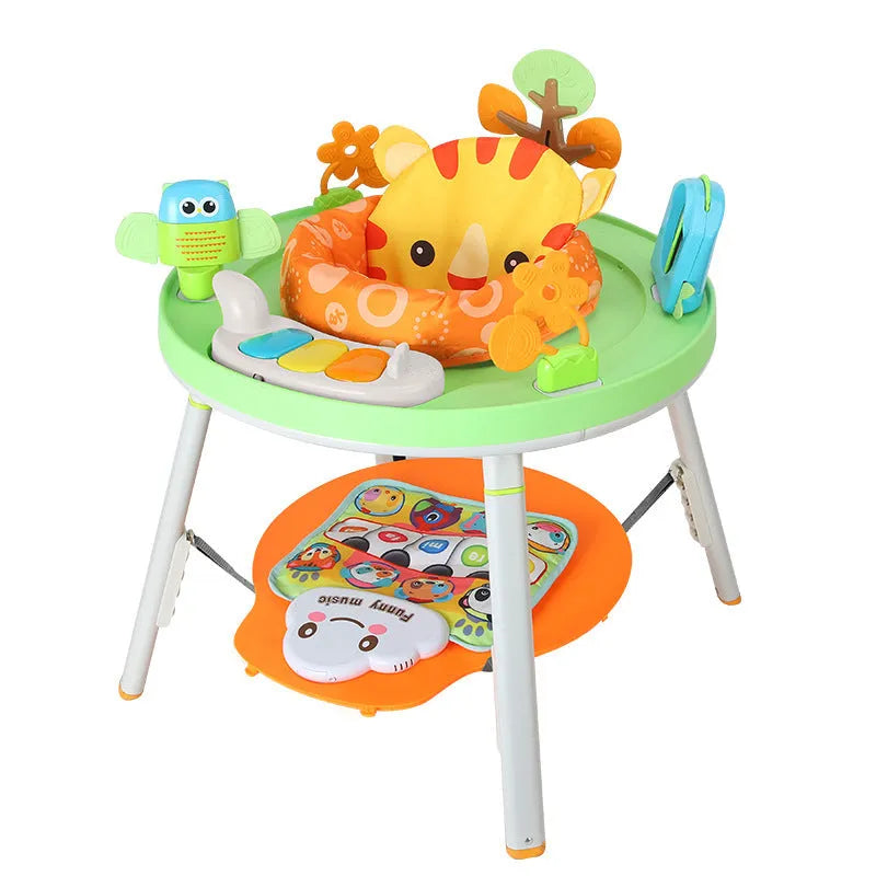 Plastic baby jumping chair with overhead gymnastics rack and toy attachments in Yaya duck design