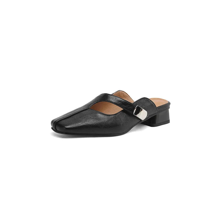 British style square toe outdoor slippers in black with artificial PU upper and rubber sole