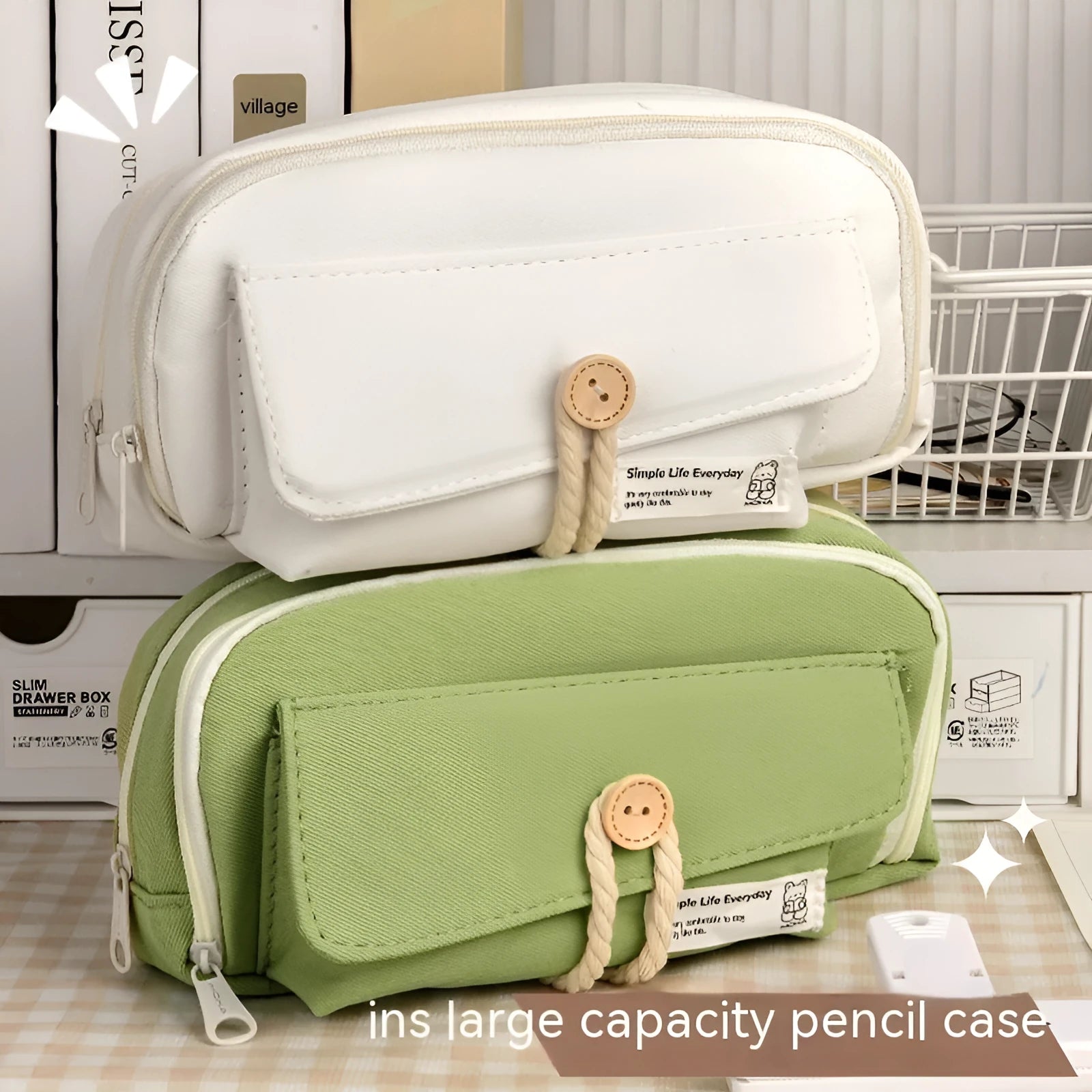 Korean style canvas pencil case in green colour with large capacity for approximately 80 pens