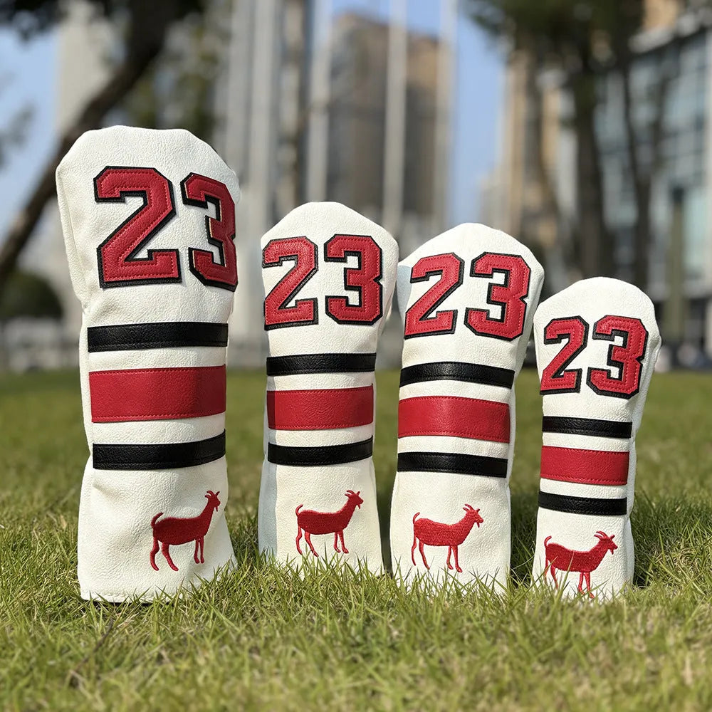 Set of four PU golf club headcovers for driver, fairway woods, hybrid, and putter in assorted colours.