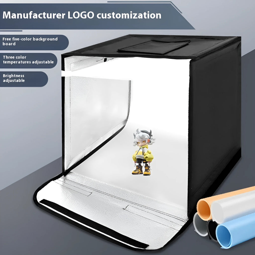 50cm foldable studio light box with three-colour LED lights and reflective cloth interior for product photography.