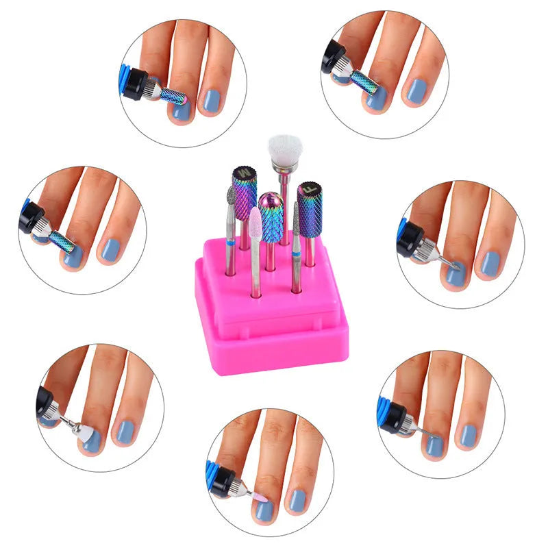 Tungsten steel nail drill bits and brush set in transparent case for manicure and pedicure