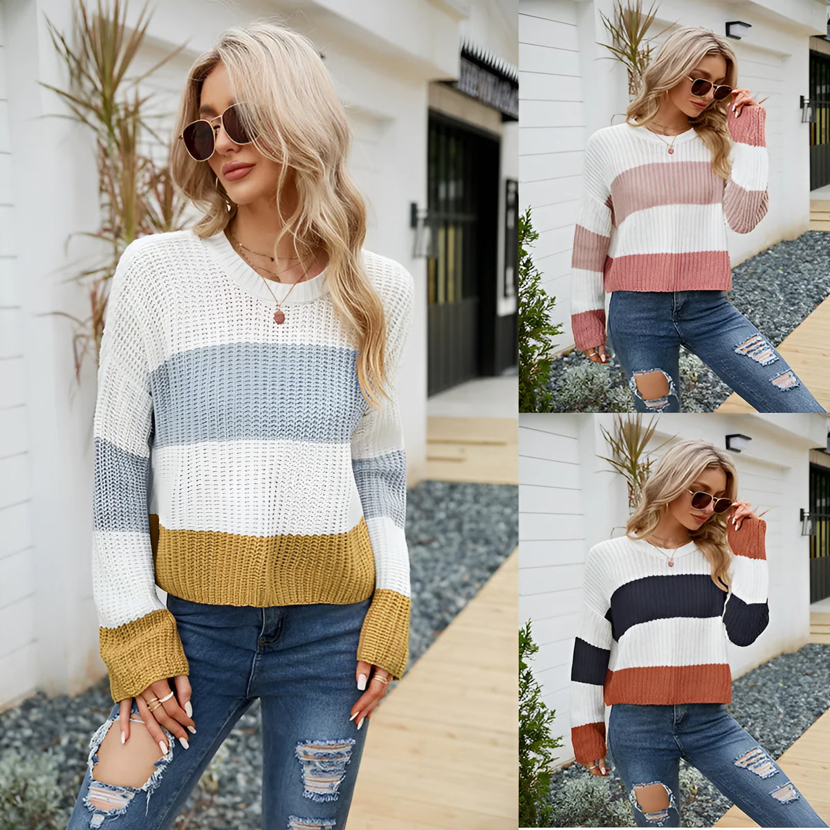 Women's striped casual pullover with 40cm length and loose fit in acrylic fabric