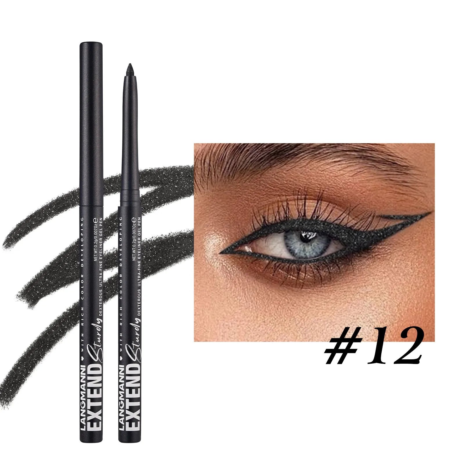 12 colourful gel glitter eyeliner pencils set showing matte metallic and pearl finishes
