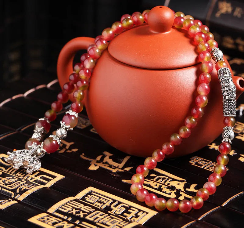 Handmade watermelon crystal bracelet with Chinese knot in geometric national style