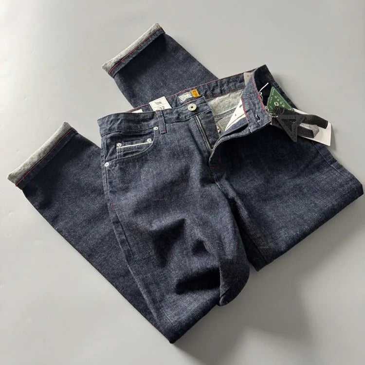 Men's straight leg denim jeans in primary colour with American retro style and mid waist fit