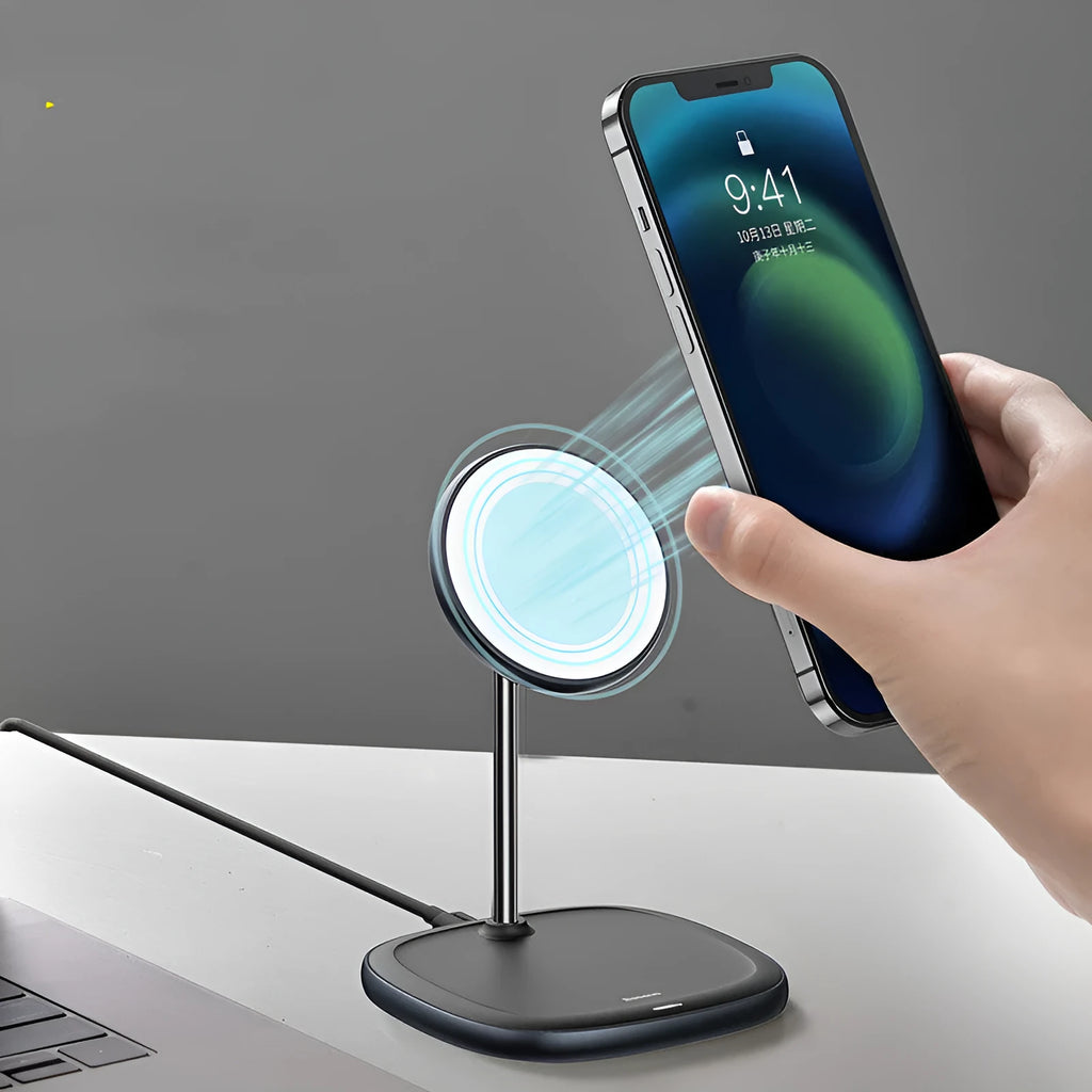 Black magnetic wireless charging stand for iPhone 12 with Type-C cable on a desk