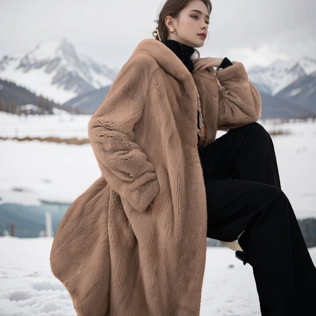 Brown leopard print plus size faux fur coat with 100cm length and regular sleeves
