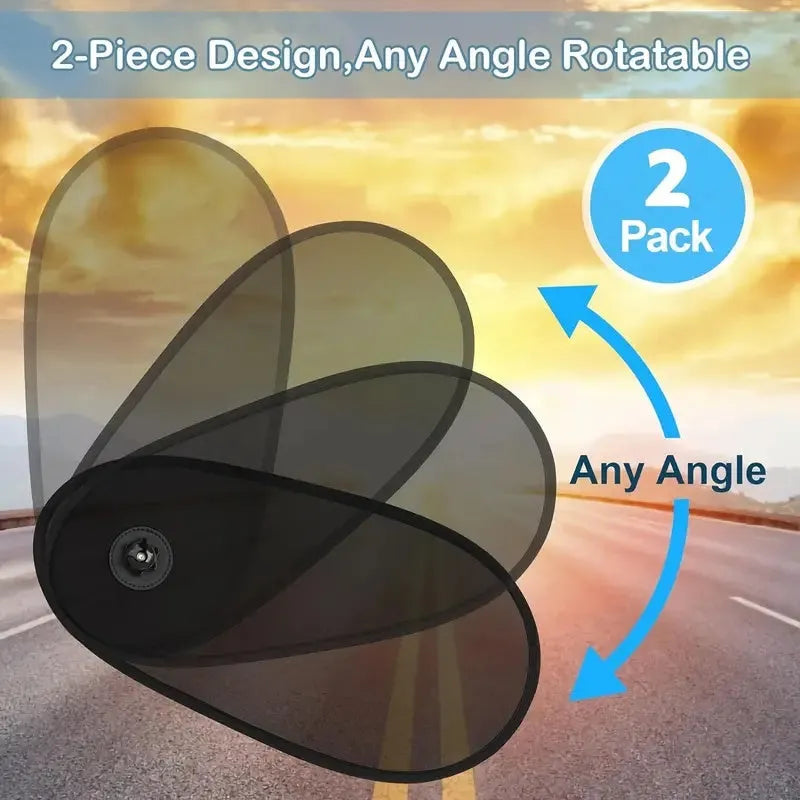 Black stretchy car side window sun shade with suction cups, installed on a car window.