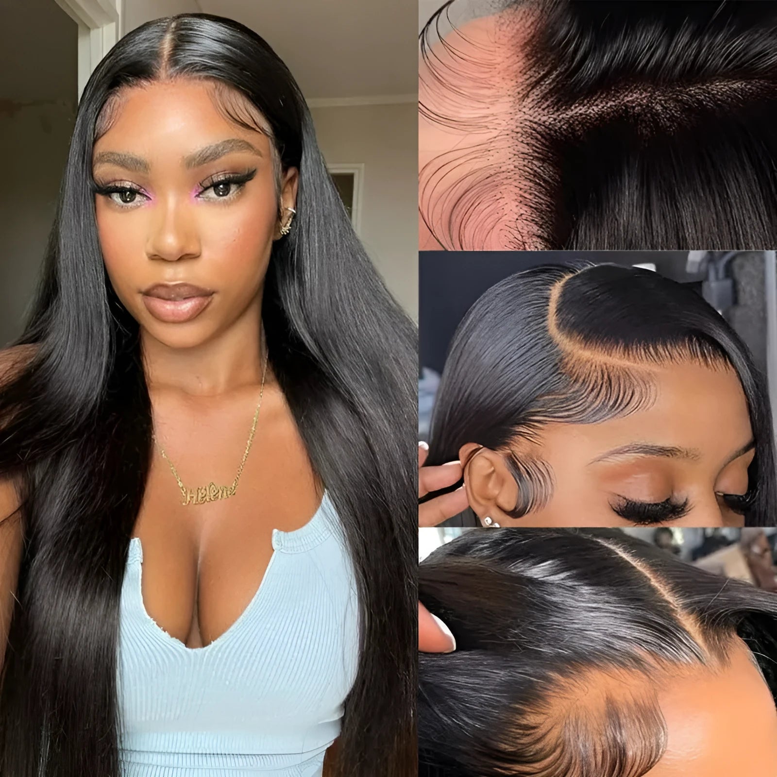 A straight, black human hair wig with a natural lace front hairline, shown at a long length.
